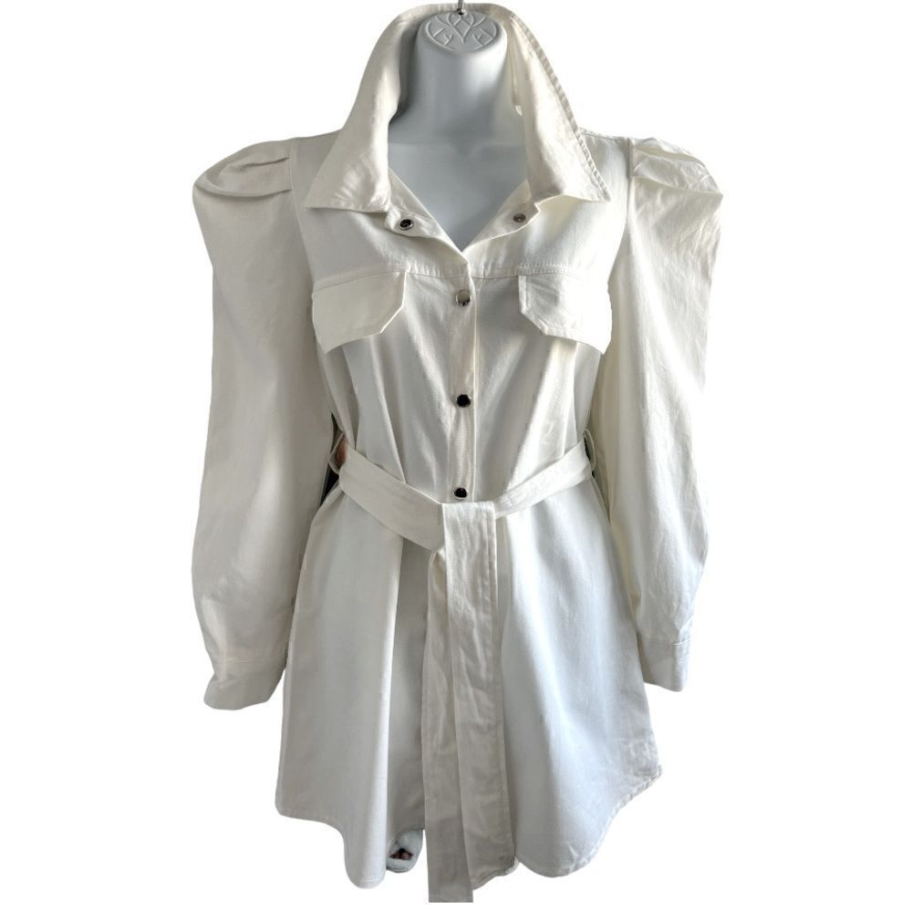 STORETS Puffed Sleeves Midi Dress Cotton White/ivory Button-shirt Size S-M.
